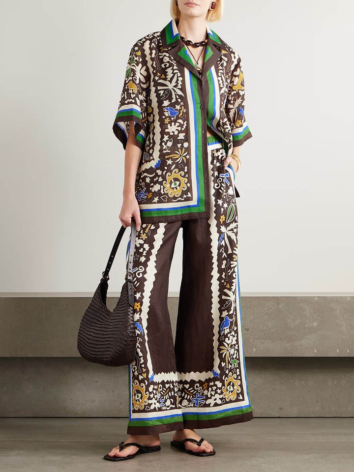 Unique Vintage Moroccan Print Linen Elastic Waist Pocket Wide-Leg Pants