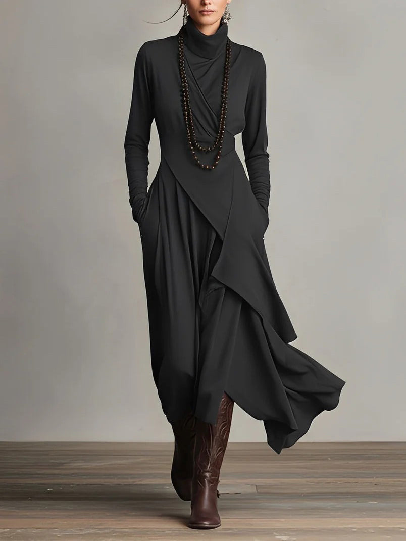 Elegant High-Neck Draped Asymmetrical Maxi Dress