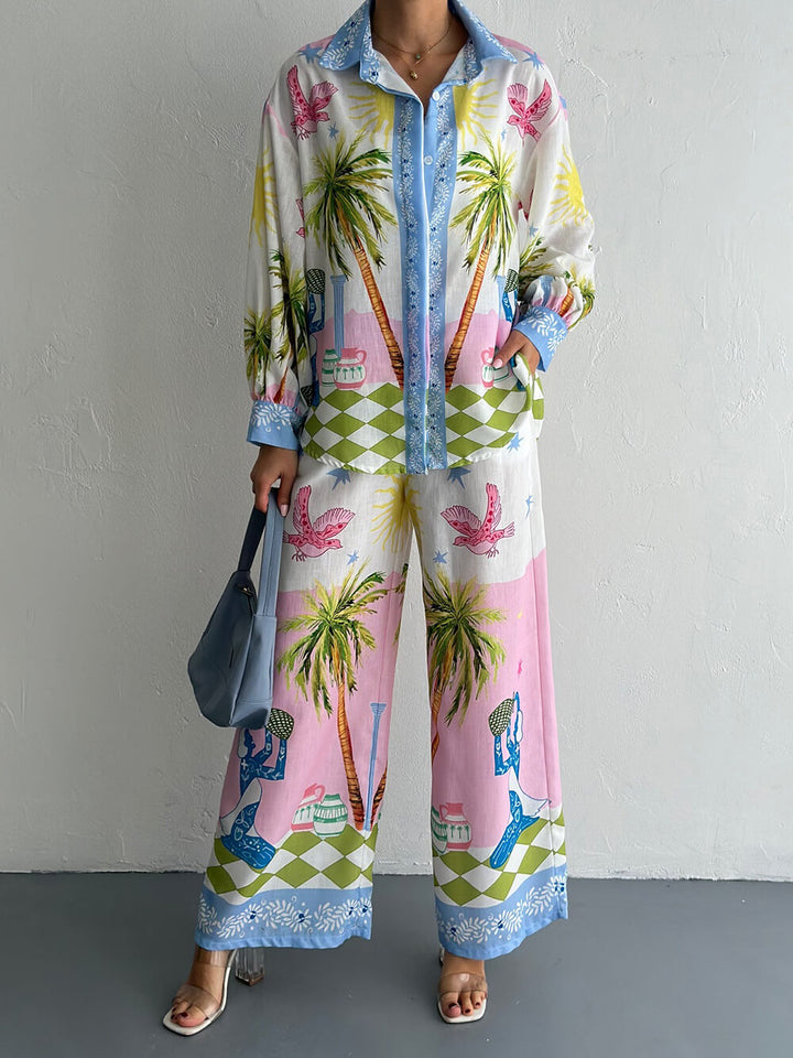 Unique Coastal Palm Tree Print Wide-Leg Pants