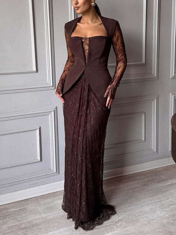 Elegant Lace Pleated Evening Gown Maxi Dress