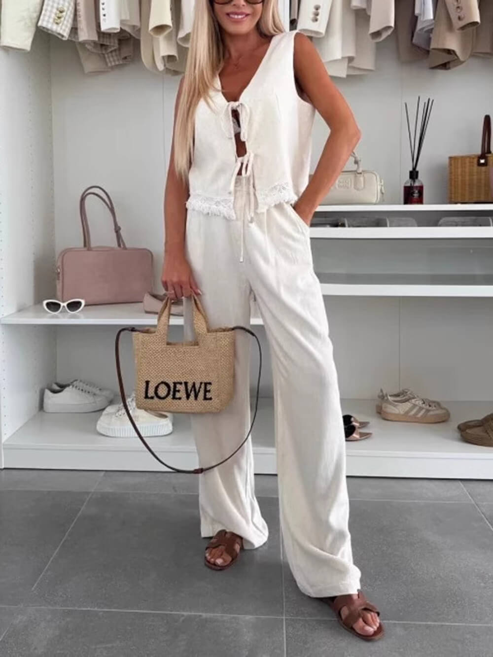 Summer Linen Casual Lace Stitching Lace-Up Tank