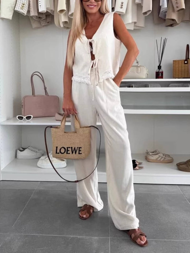 Summer Linen Casual Lace Stitching Lace-Up Tank