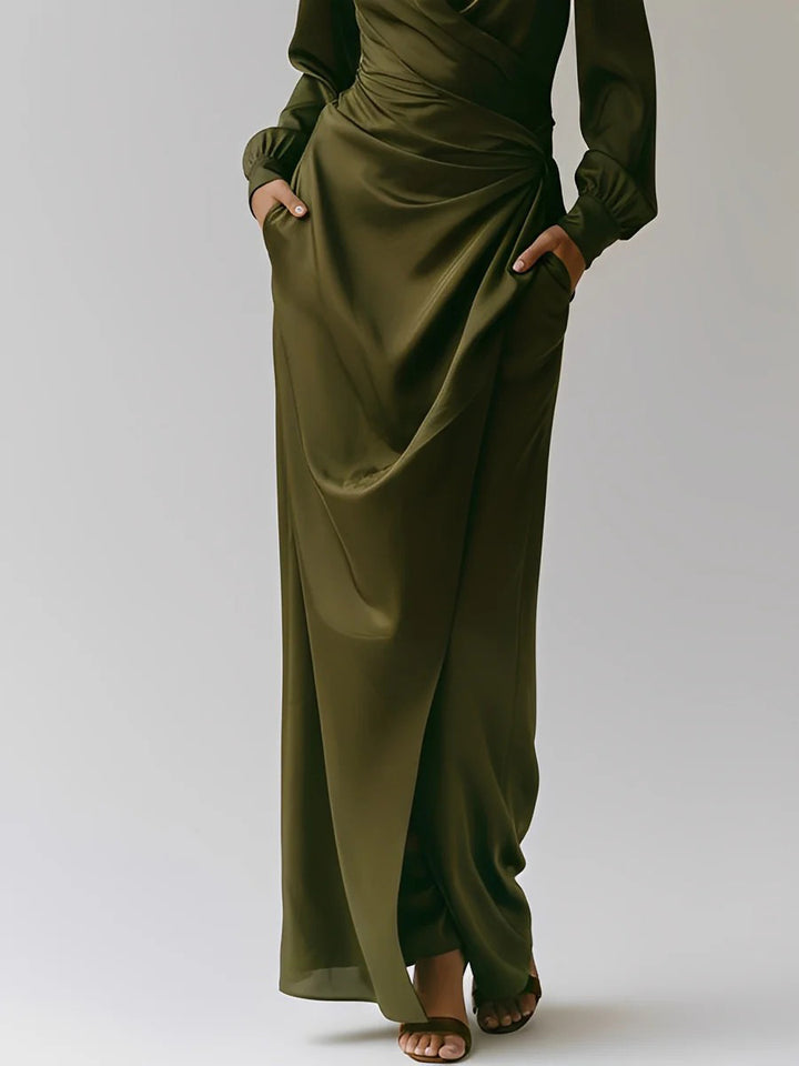Elegant Satin Draped Shirt Maxi Dress