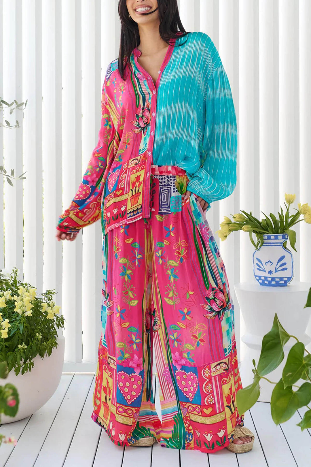 Unique Floral Print Elastic Waist Wide-Leg Pants