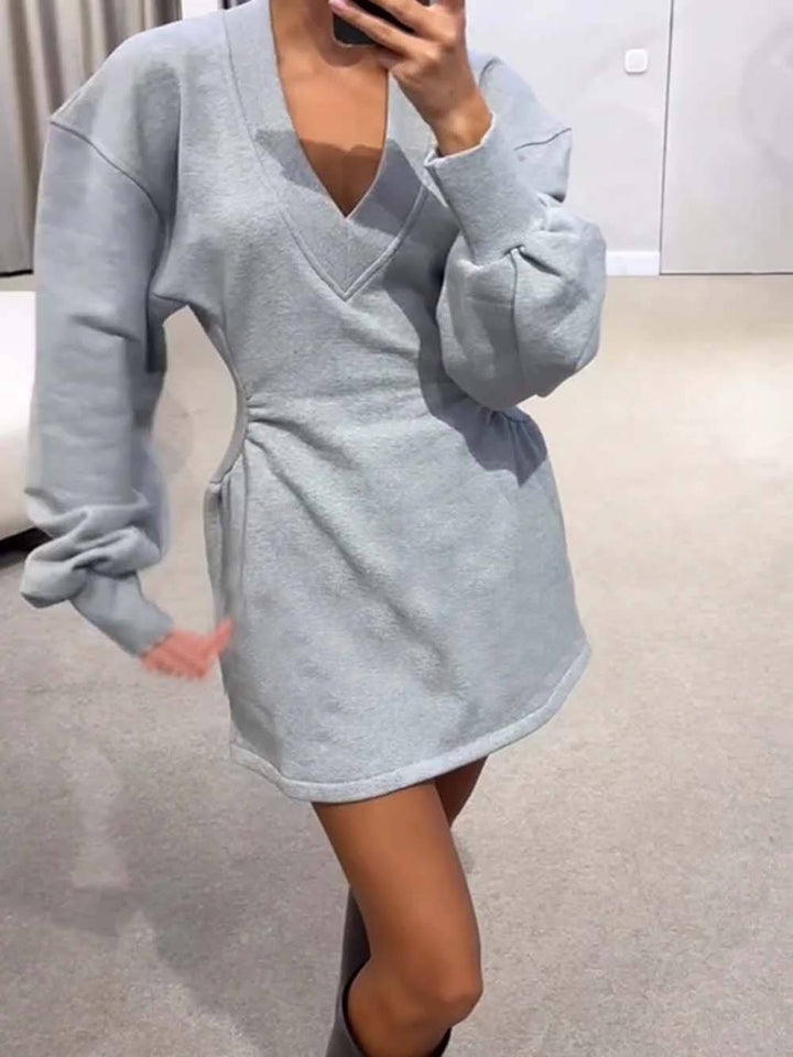 Casual Stroll Ribbed V-neck Long Sleeve Waisted Sporty Mini Dress