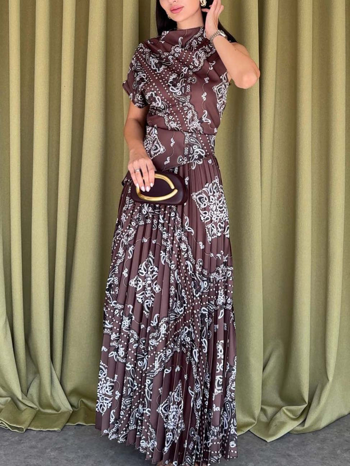 Elegant High-Waisted Pleated Printed Maxi Skirt