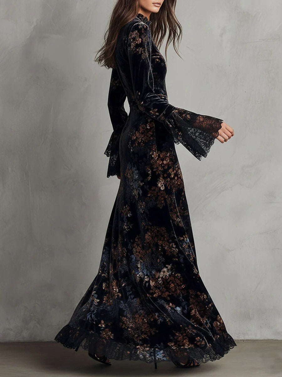 Exquisite Velvet Floral Print Pleated Maxi Dress
