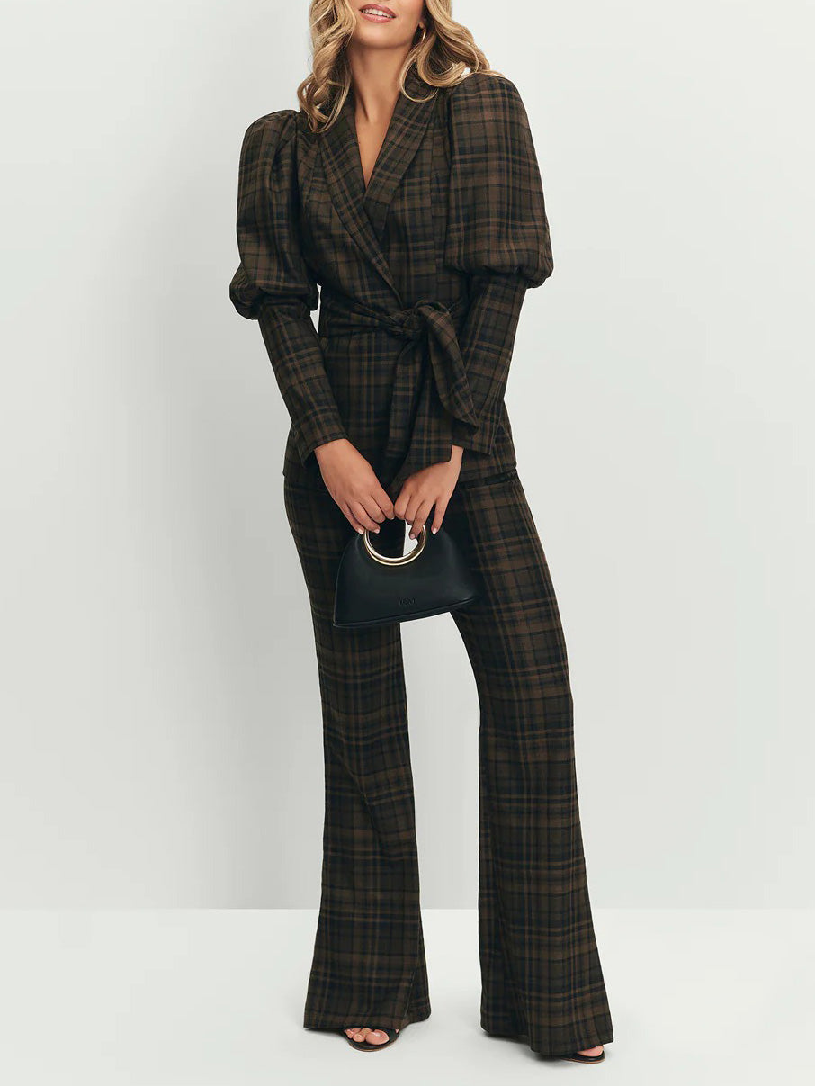 Retro Plaid Puff Sleeve Belted Blazer
