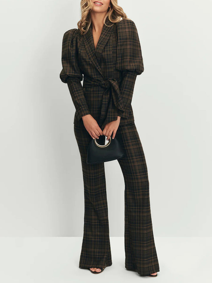 Retro Plaid Puff Sleeve Belted Blazer