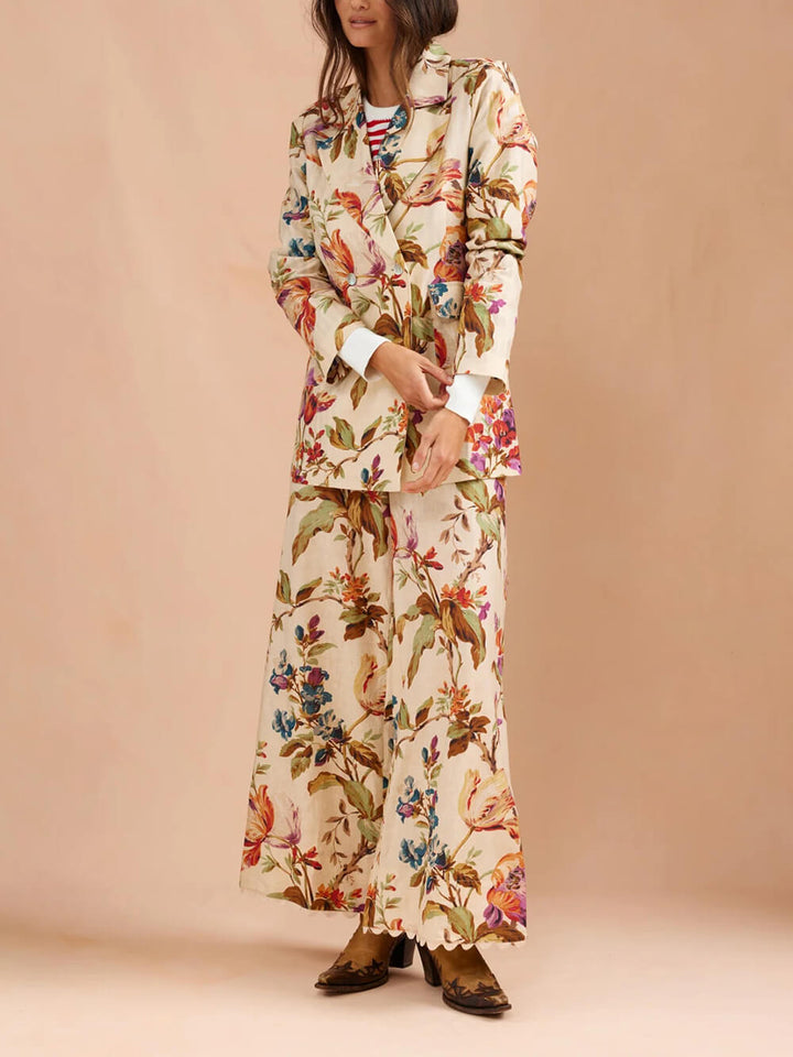 Exquisite Retro Floral Print High-Waisted Loose Pocket Wide-Leg Pants
