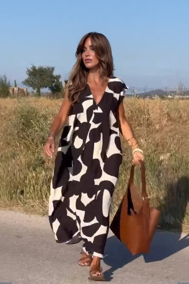 Casual Geometric Print V-neck Loose Maxi Dress