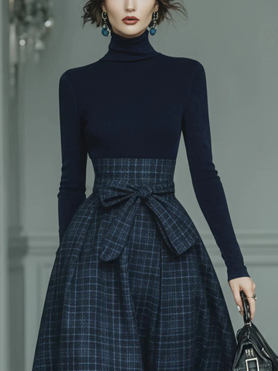 Exquisite High-neck Stretch Top And Plaid Skirt Two-piece Set