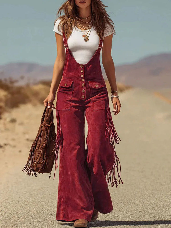 Retro Faux Suede Flared Overalls