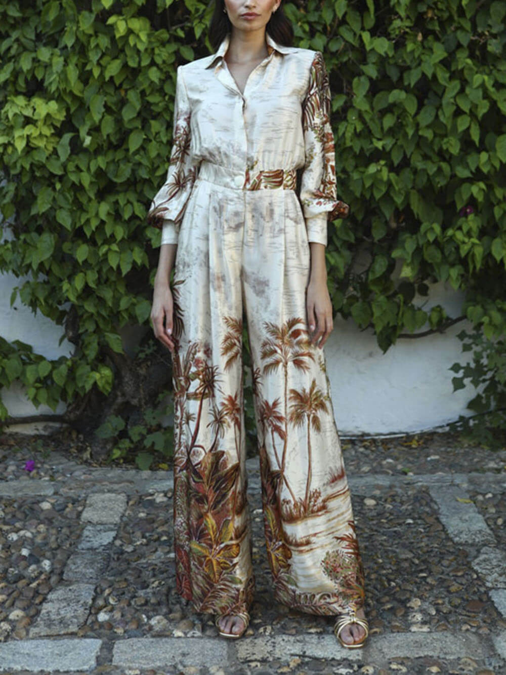 Elegant Palm Print Satin Elastic Waist Pocket Wide-Leg Jumpsuit