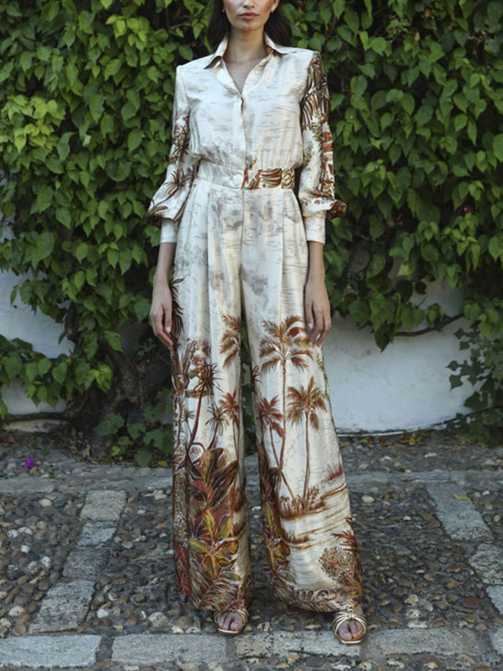 Elegant Palm Print Satin Elastic Waist Pocket Wide-Leg Jumpsuit