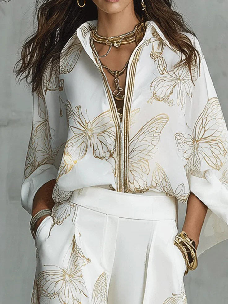 Elegant Butterfly Print Zip Shirt