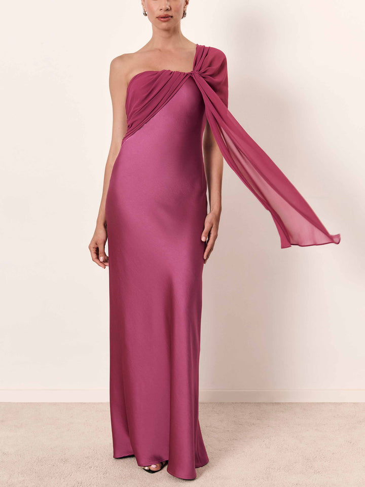 Elegant One Shoulder Draped Satin Evening Maxi Dress