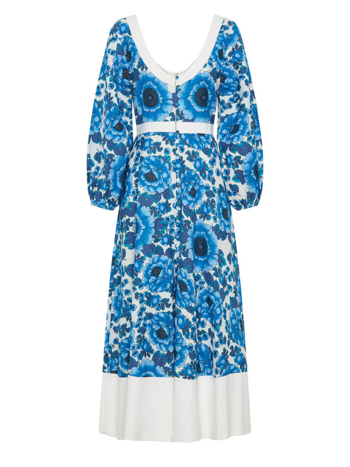 Elegant Contrast Color Block Floral Print Pocket Round Neck Button Maxi Dress