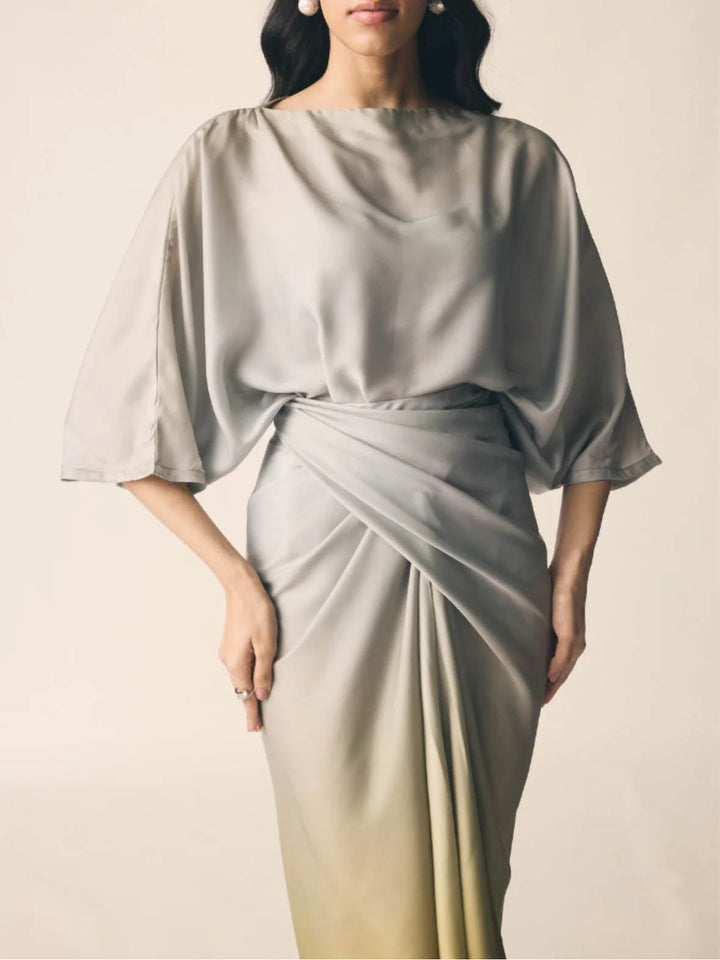 Elegant Gradient Draped Top And Pleated Long Skirt Two-piece Set