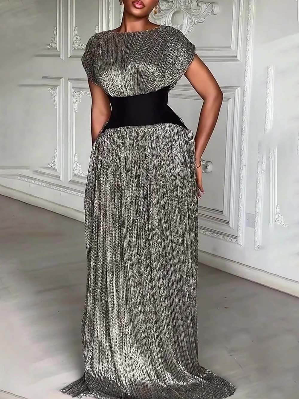 Elegant Shimmery Silver Contrast Waist Maxi Dress