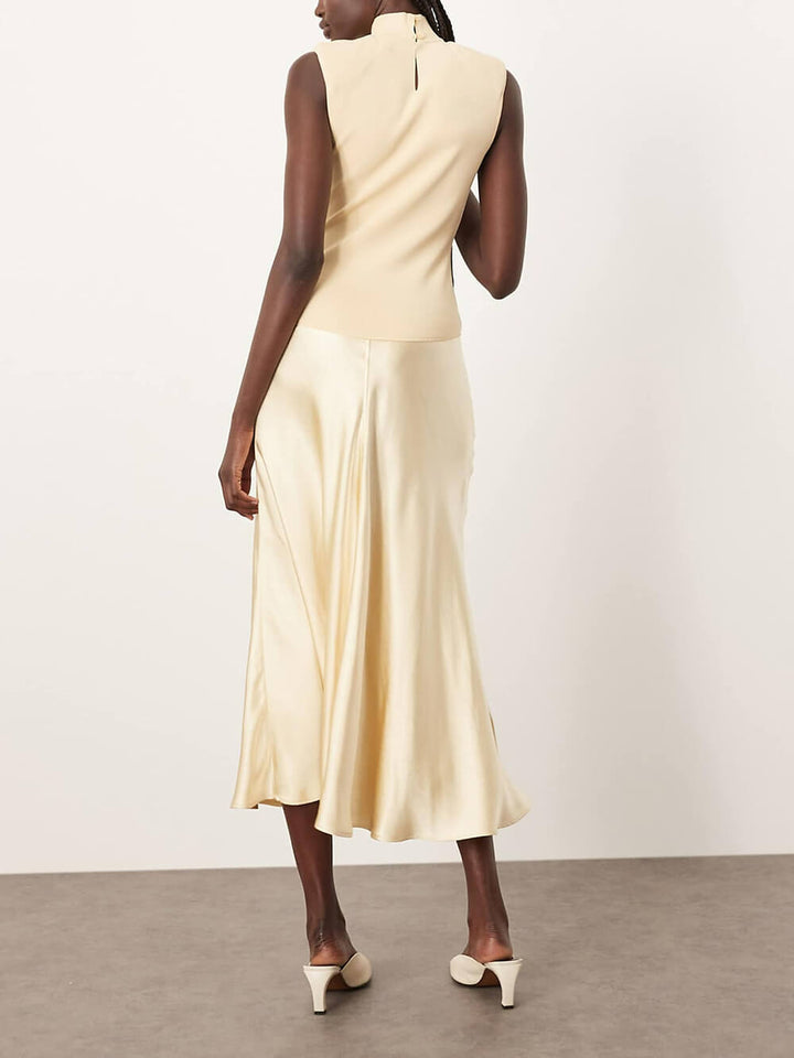 Elegant Knitted Satin Spliced Low-Waist Midi Dress