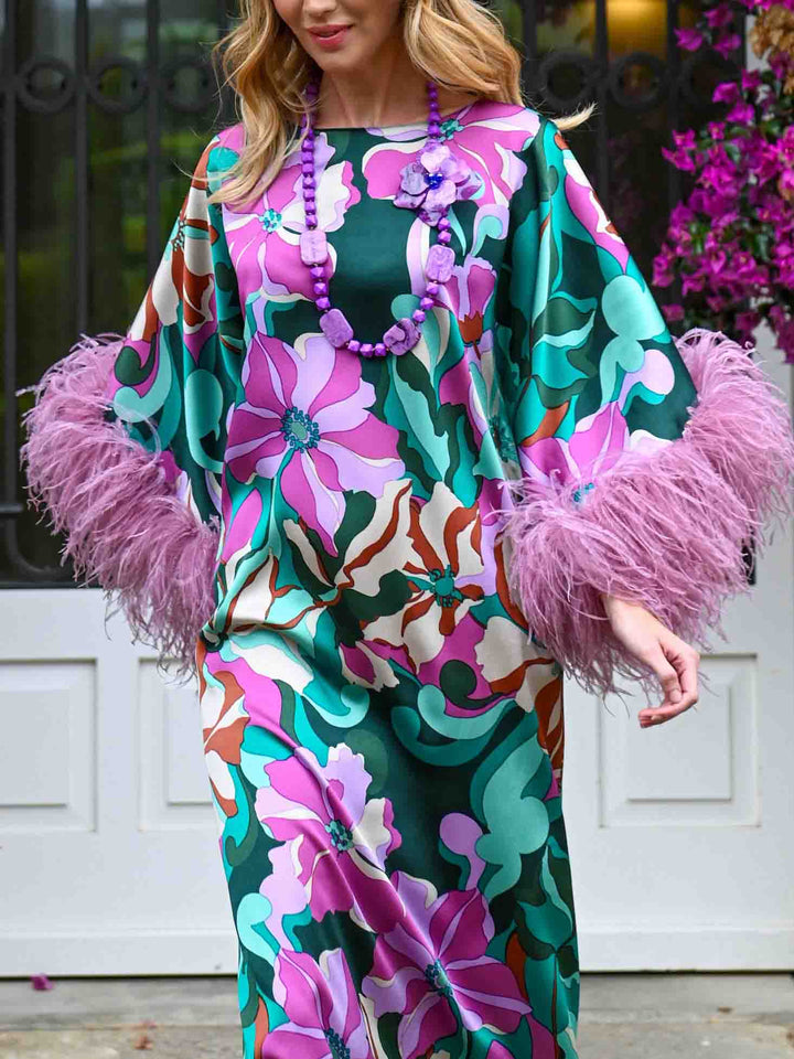 Elegant Floral Print Feather Cuff Satin Maxi Dress