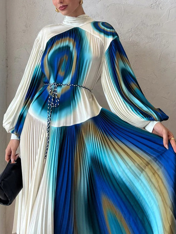 Exquisite Abstract Wave Print Pleated Maxi Dress