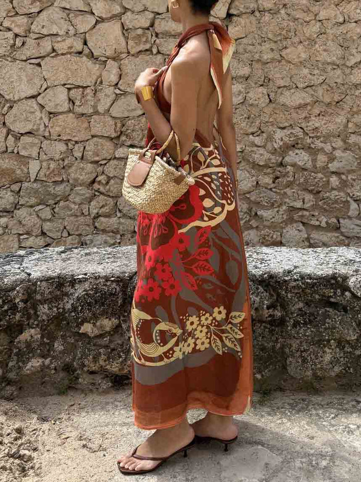 Retro Halterneck Art Caramel Floral Print Maxi Dress
