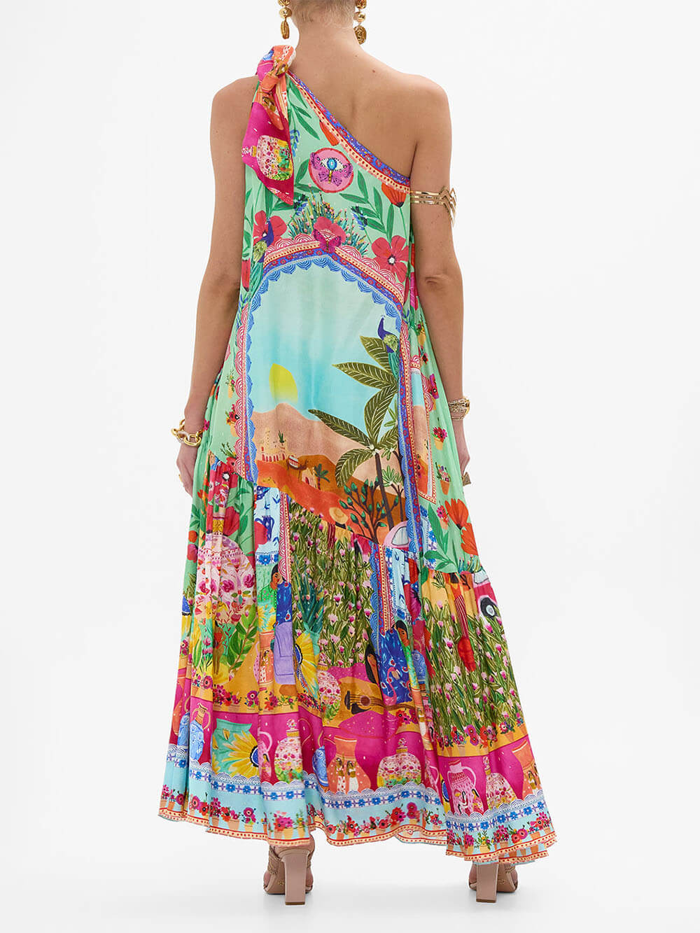 Unique Print One Shoulder Tie-up Pocketed Loose Maxi Dress