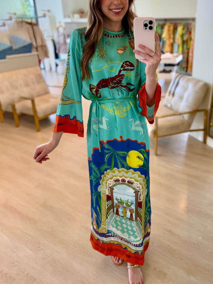 Exquisite Satin Unique Print Long-sleeve Tie-waist Slit Maxi Dress