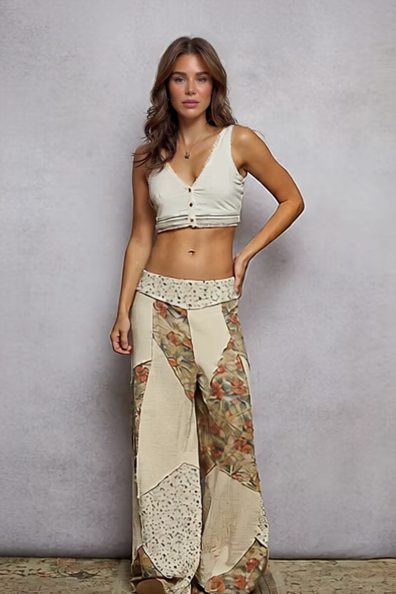 Bohemian Floral Print Patchwork Wide-Leg Pants