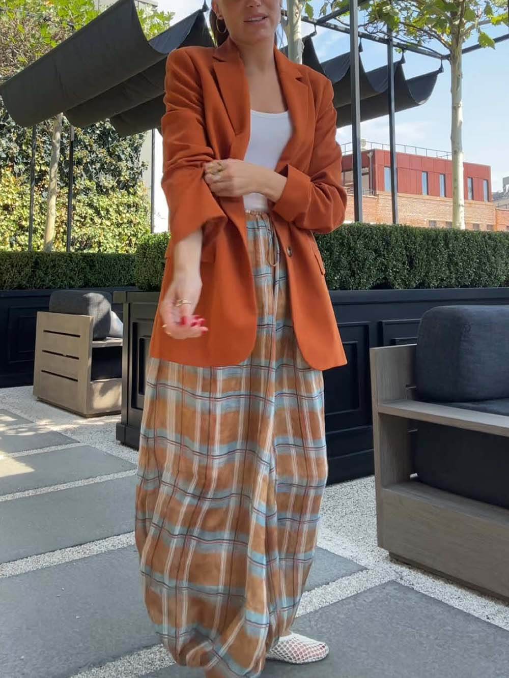 Unique Plaid Print Elastic Waist Tapered Lantern Pants