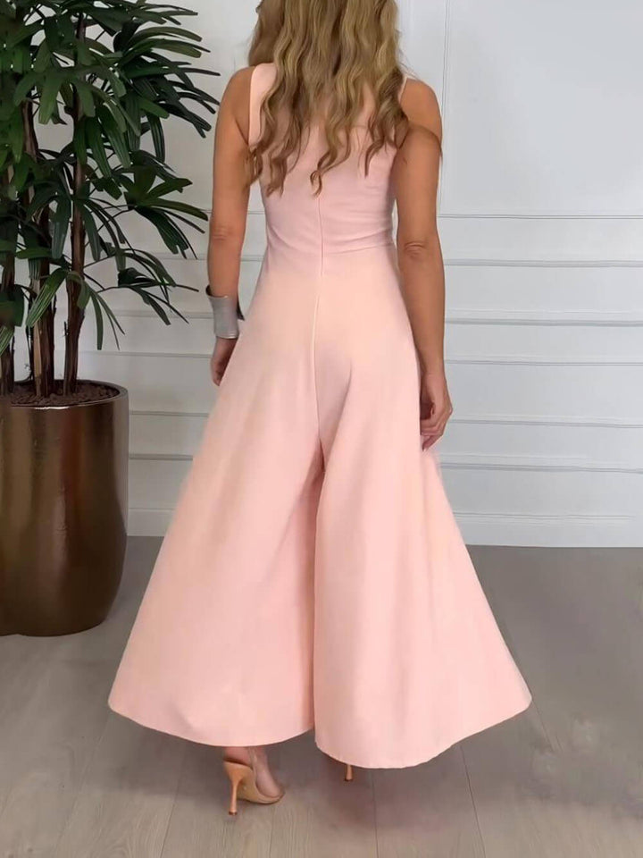 Classic And Elegant Solid Color Round Neck Flared Jumpsuit
