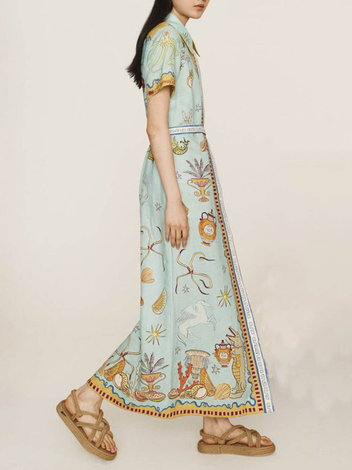 Modern Surrealist Unique Ocean Print Summer Maxi Shirtdress