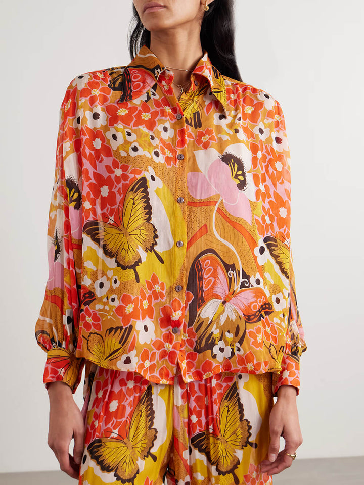 Unique Butterfly Print Relaxed Button-Up Shirt