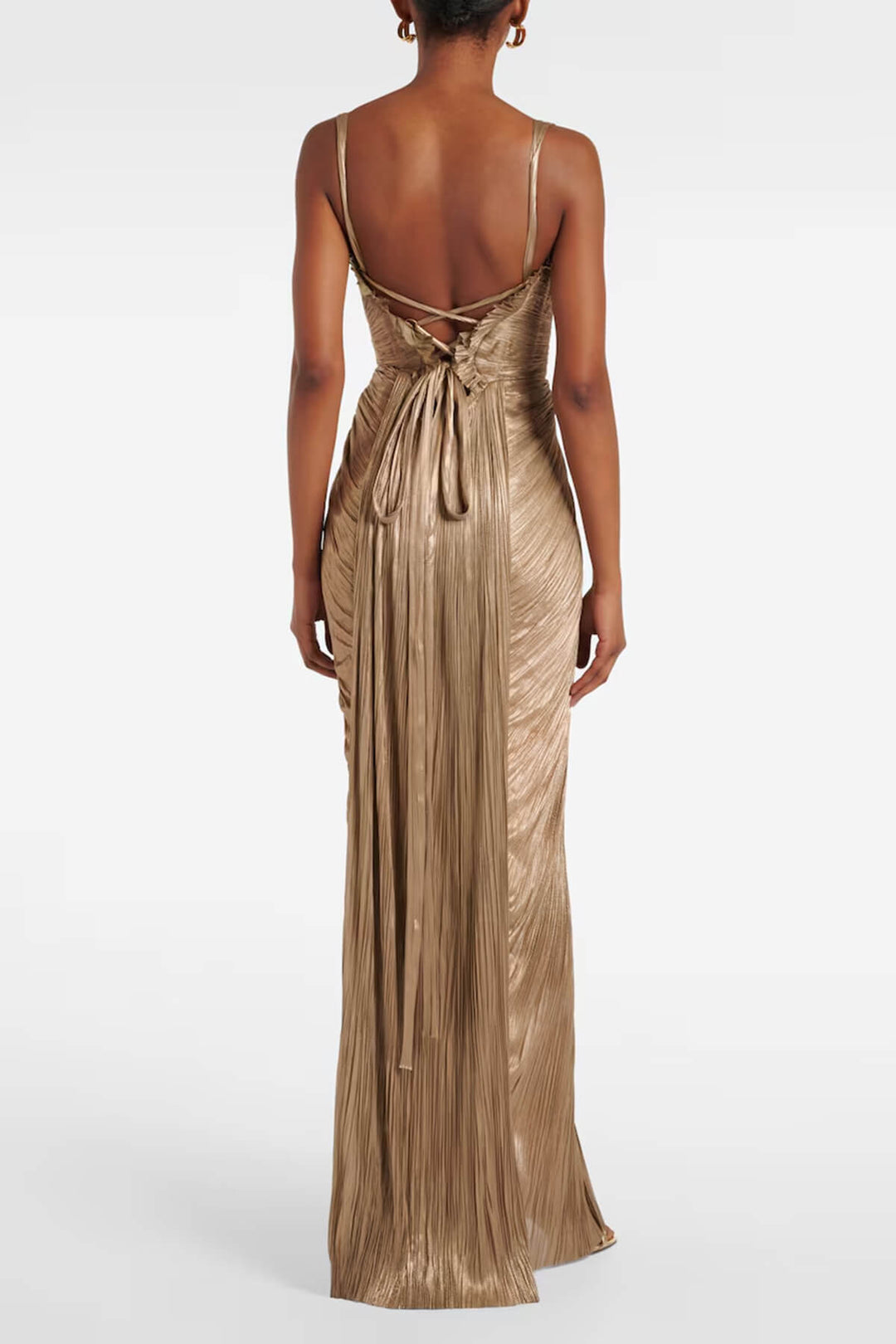 Elegant Pleated Metallic Tie-Waist Party Slit Gown Maxi Dress