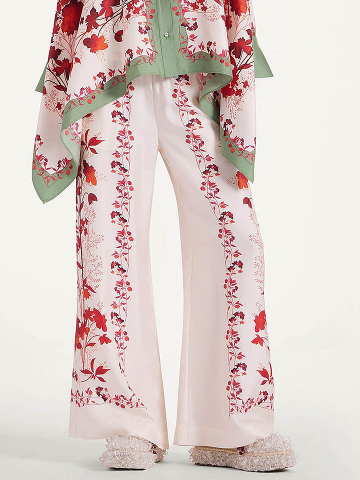 Classic Contrast Color Stitching Floral Print Loose Elastic Waist Pocket Wide Leg Pants