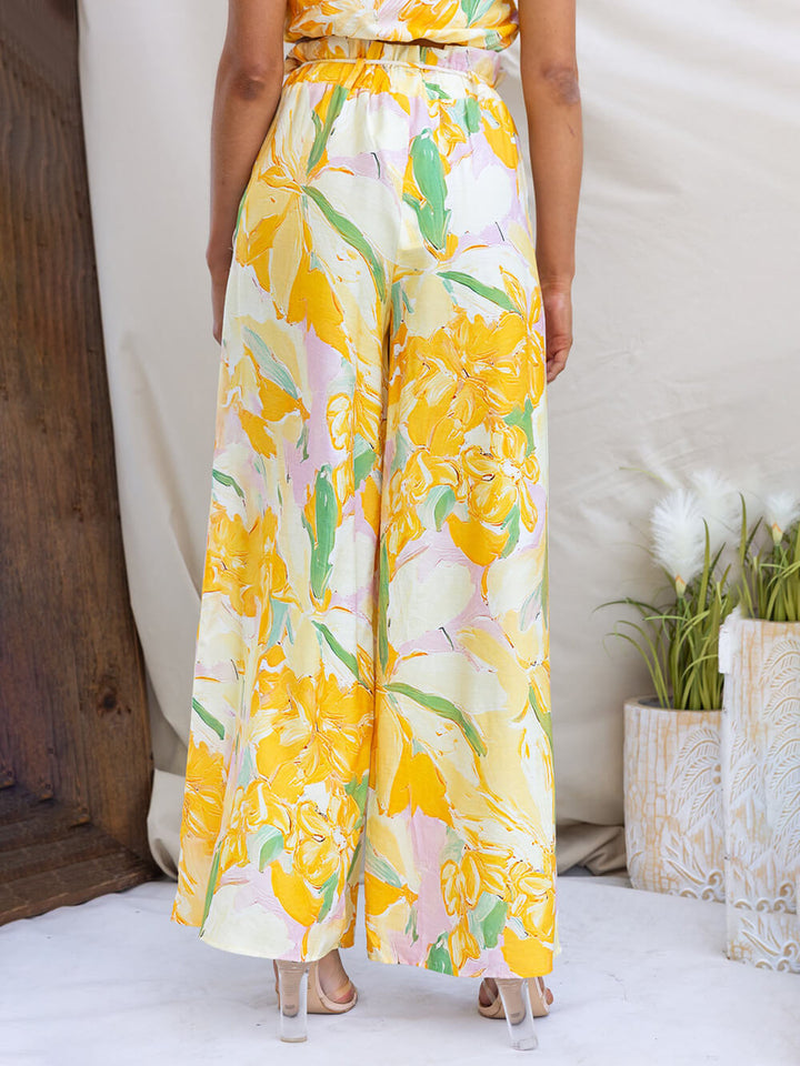 Casual Floral Print Elastic Waist Pocket Loose Wide Leg Pants