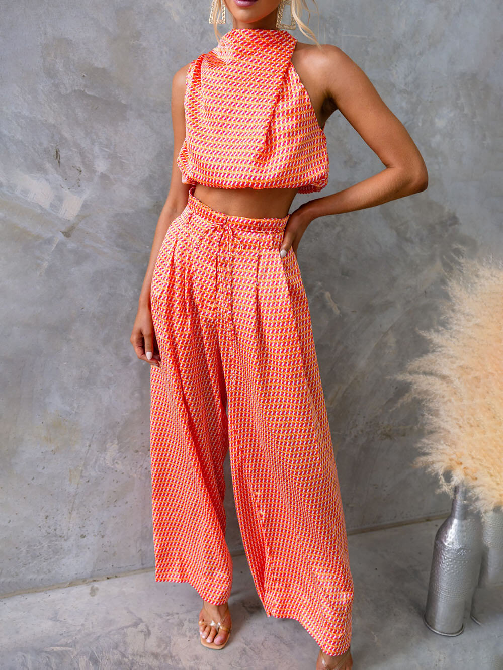 Delicacy Girls Night Satin Printed Elastic Tie-up Waist Pocket Wide Leg Pants