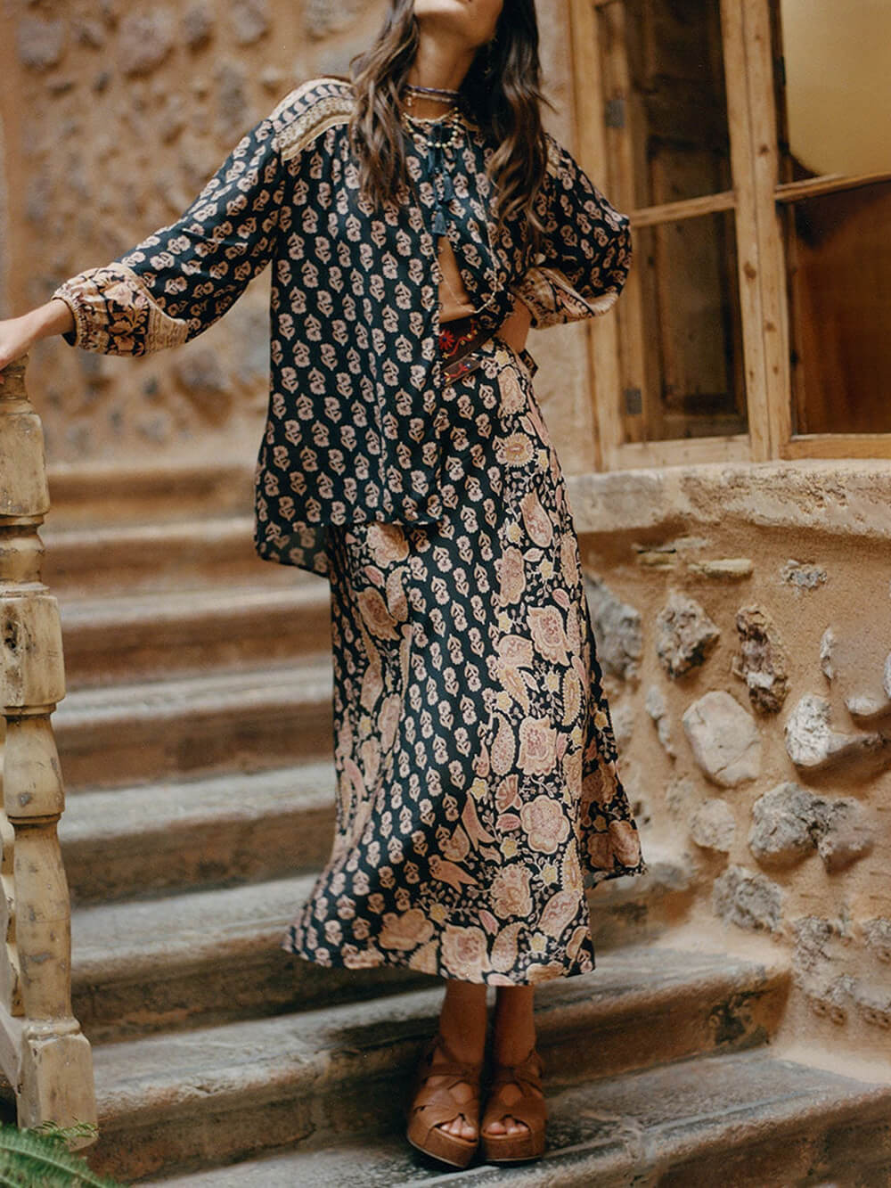 Boho Printed Draped Loose Maxi Skirt