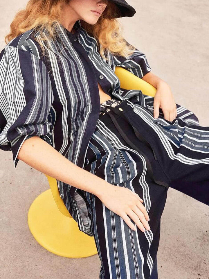 Retro Unique Striped Patchwork Print Loose Shirt