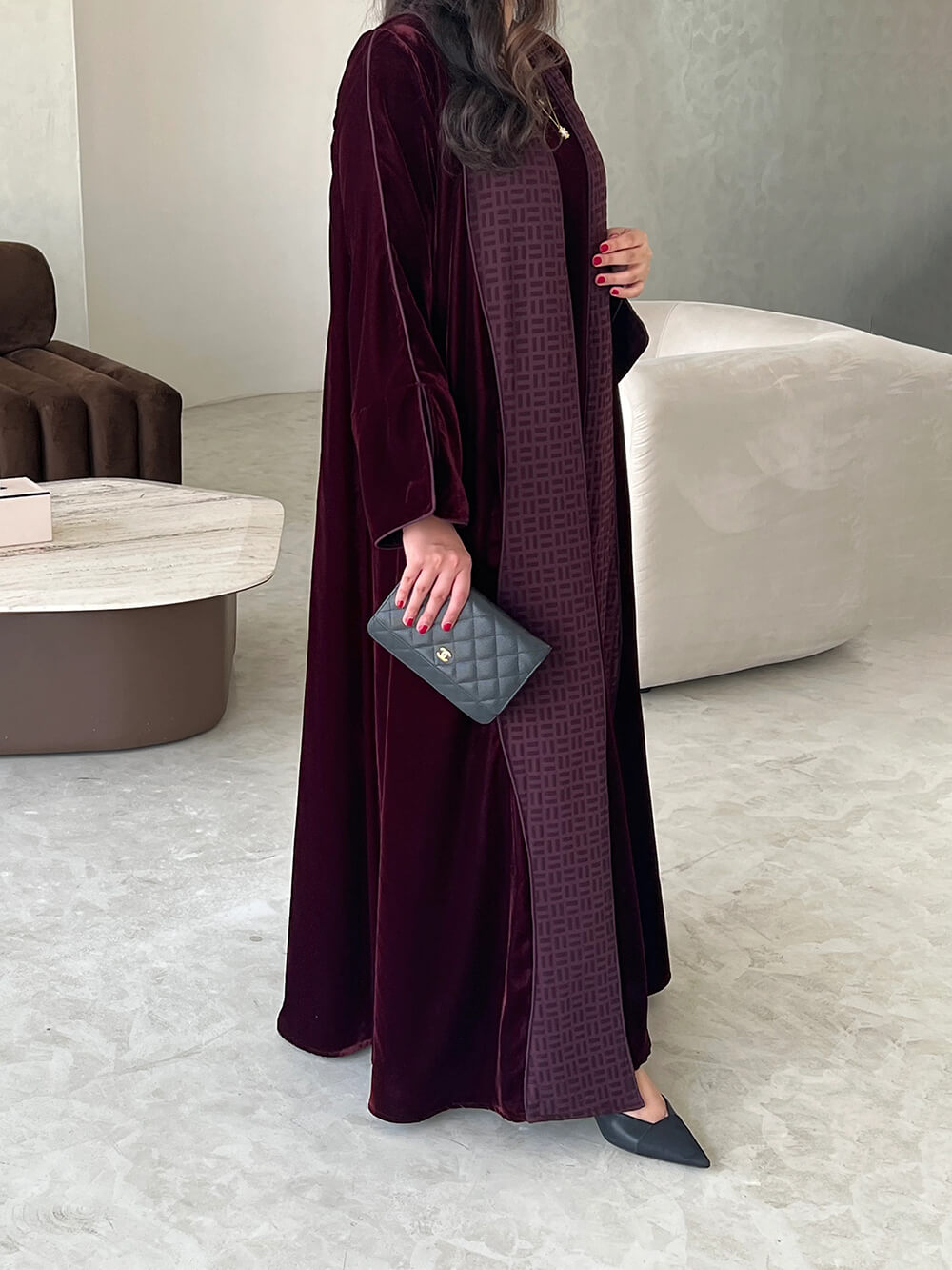 Elegant Burgundy Printed Velvet Robe Cardigan