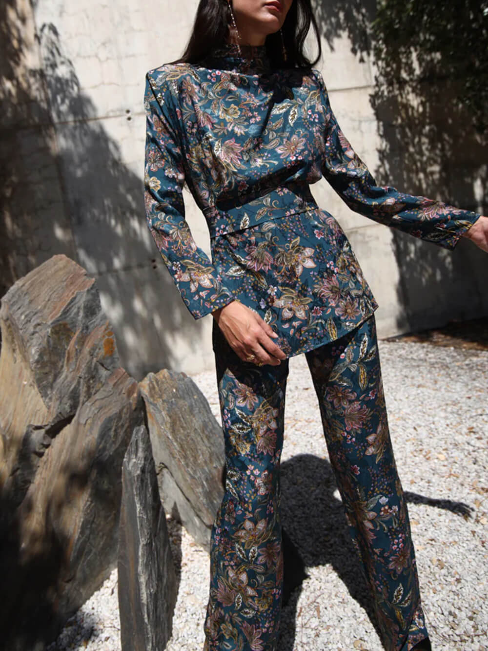 Retro Unique Floral Print Elastic Waist Pocket Pants