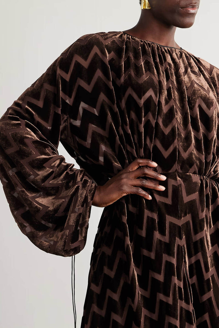 Exquisite Wave Print Drawstring Ruched Maxi Dress