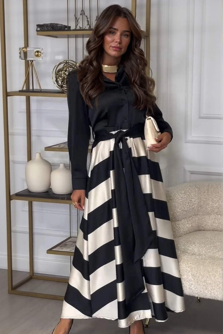 Exquisite Black Striped Print Patchwork Collared Maxi Dress