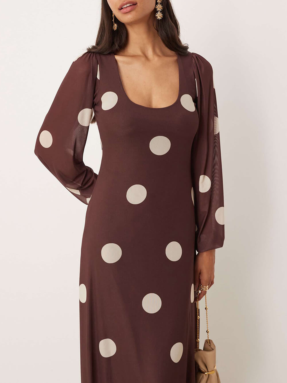 Elegant Polka Dot Print Lantern Sleeve Maxi Dress