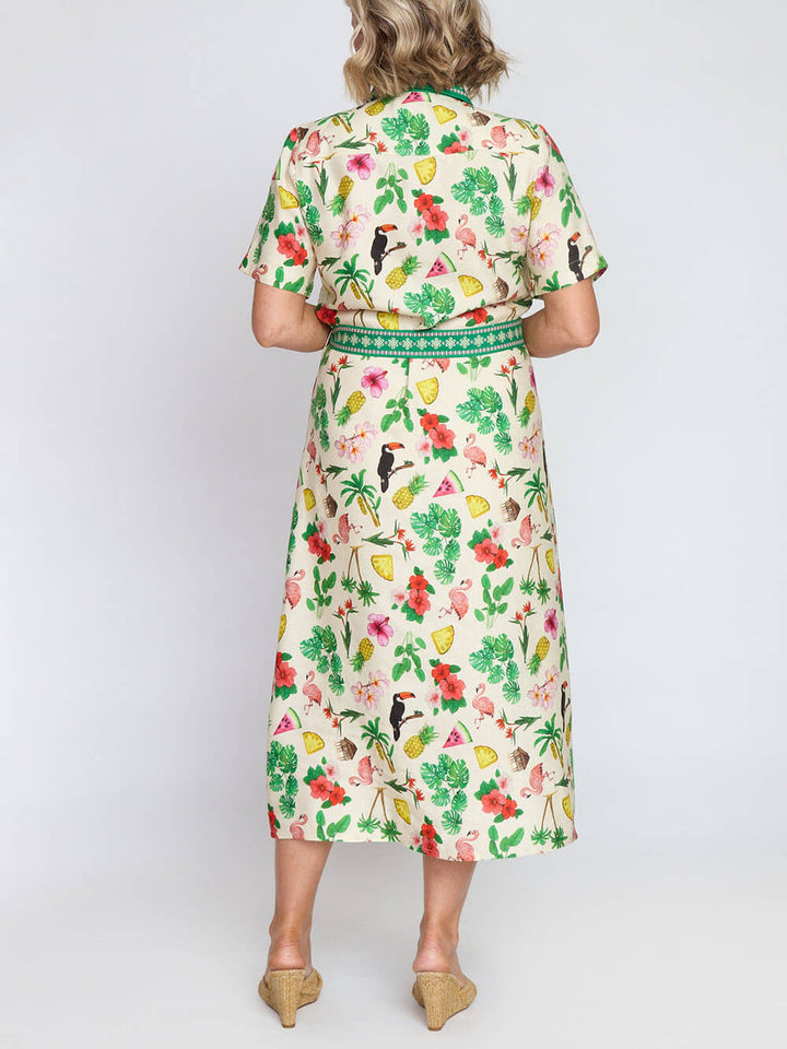 Modern Fruity Floral Unique Print Loose Tie Midi Shirtdress