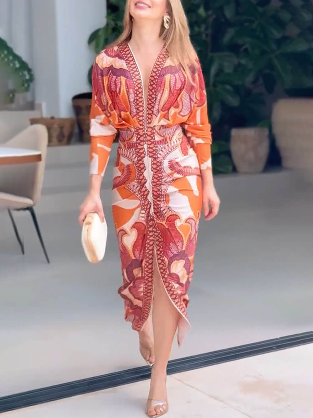 Elegant Floral Print Sexy V-Neck Long Sleeve Slit Dress