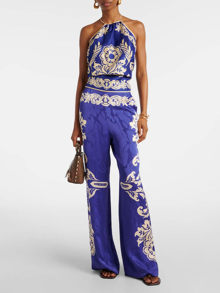 Vintage Satin Unique Ethnic Print Printed Mid-Rise Straight Pants