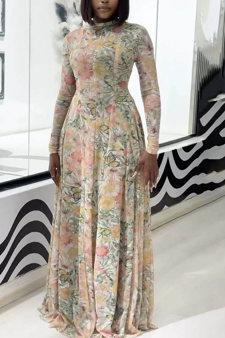 Elegant Floral Butterfly Print Maxi Dress
